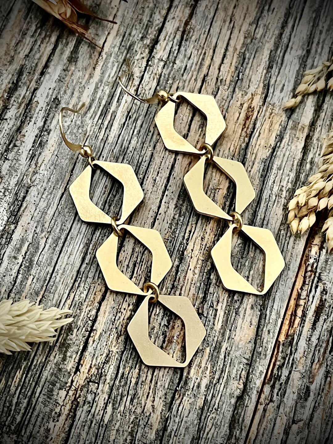 Triple Gold Hexagon Earrings Brass Geometric Earrings Etsy