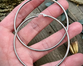 Simple Stainless Steel Hoop Earrings • Minimalist Large Hoops (2.25" Diameter)