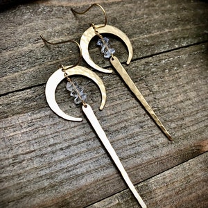 Herkimer Diamond Crescent Gold Brass Earrings • Gemstone Spike Dangles • Long Moon Earrings • Herkimer Diamond Earrings