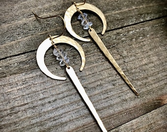 Herkimer Diamond Brass Earrings: Crescent Moon Spike Dangles