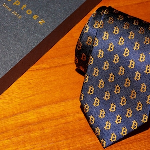 Bitcoin Navy Silk Tie - 100% Silk. Delivered in Presentation Box. Mens Cryptocurrency Groom Tie - Groomsmen Gift - Crypto Gift by Kryptoez