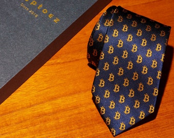Bitcoin Navy Silk Tie - 100% Silk. Delivered in Presentation Box. Mens Cryptocurrency Groom Tie - Groomsmen Gift - Crypto Gift by Kryptoez