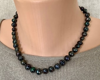 Lustrous, Touchable, Deep Iris Green Freshwater Pearl Choker Necklace with Sterling Silver Clasp and Extender, Unique Gift