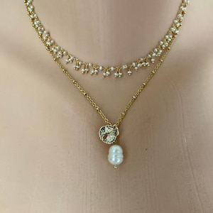 Pearl Layered Necklace Bracelet Set: Gold Filled Sand Dollar Jewelry