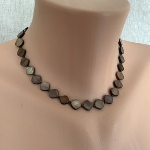 Diamond-Shaped Mother of Pearl Choker Necklace with Brass Accent Beads, Unique Gift