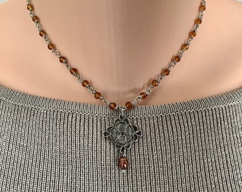 Dark Academia Handmade Rosary Necklace: Brown Topaz Glass, Silvered Flower, Pearl Accent