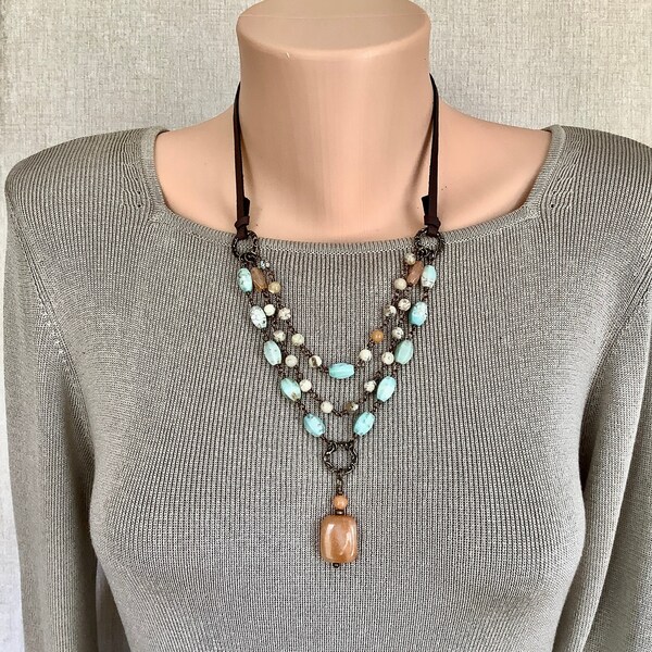 Handcrafted Sundance Style 3-Strand Necklace - Mixed Gemstone and Antiqued Brass Beads - Adjustable Leather Cord- One of a Kind