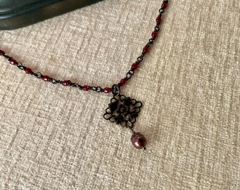 Dark Academia Rosary Necklace: Red Glass, Black Brass & Pearl Pendant