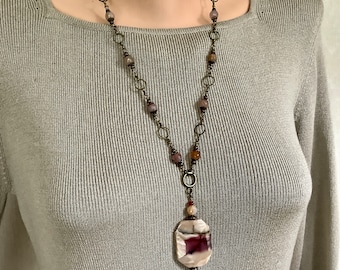 Handcrafted Jasper Pendant Necklace: Antiqued Brass & Agate Chain