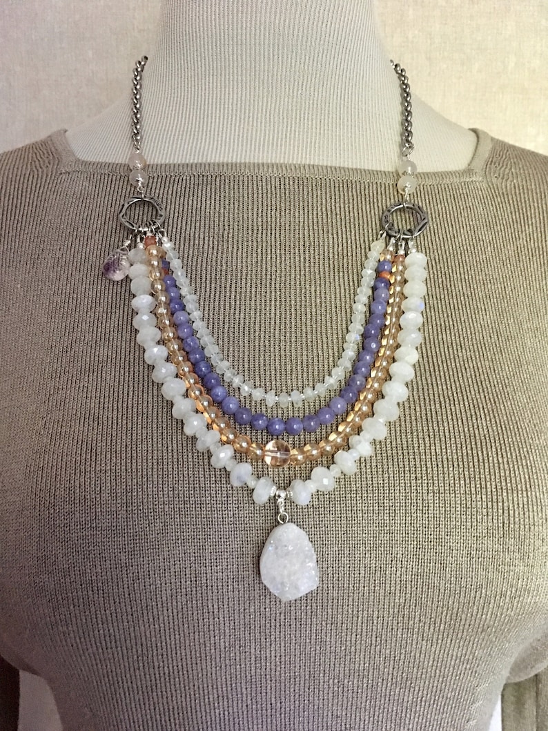 Gemstones and Glass Multi Strand Necklace with Silver Clasp and Extender Sundance Style Moonstone