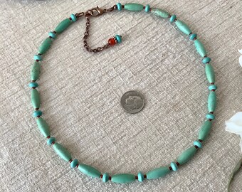 Artisan Green Turquoise Magnesite and Jasper Necklace, Pretty Layering Necklace with Extender, Gift for Her