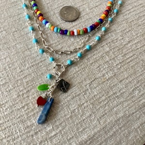 Boho Colorburst Layered Necklace: Sterling Chains, Glass Beads, Rosary Chain Turquoise Magnesite, Unique Pendant