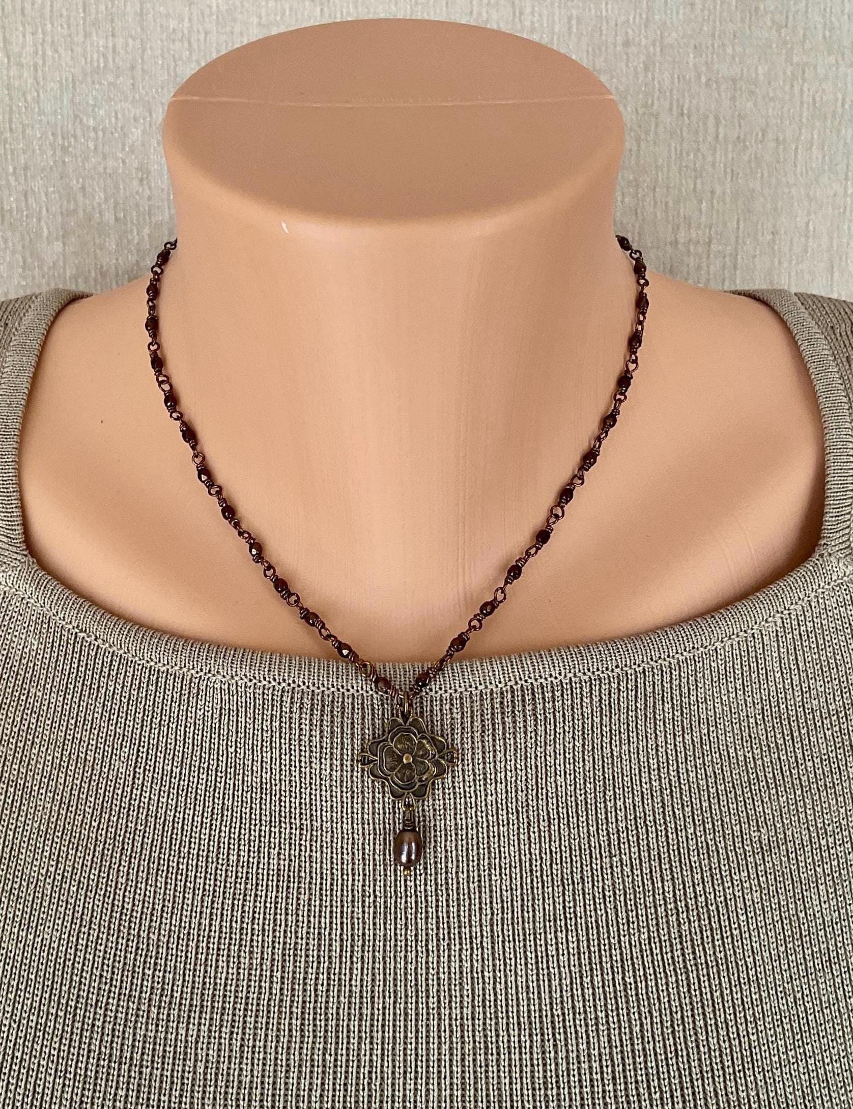 Dark Academia Rosary Necklace: Brass Flower Pendant, Baroque Pearl