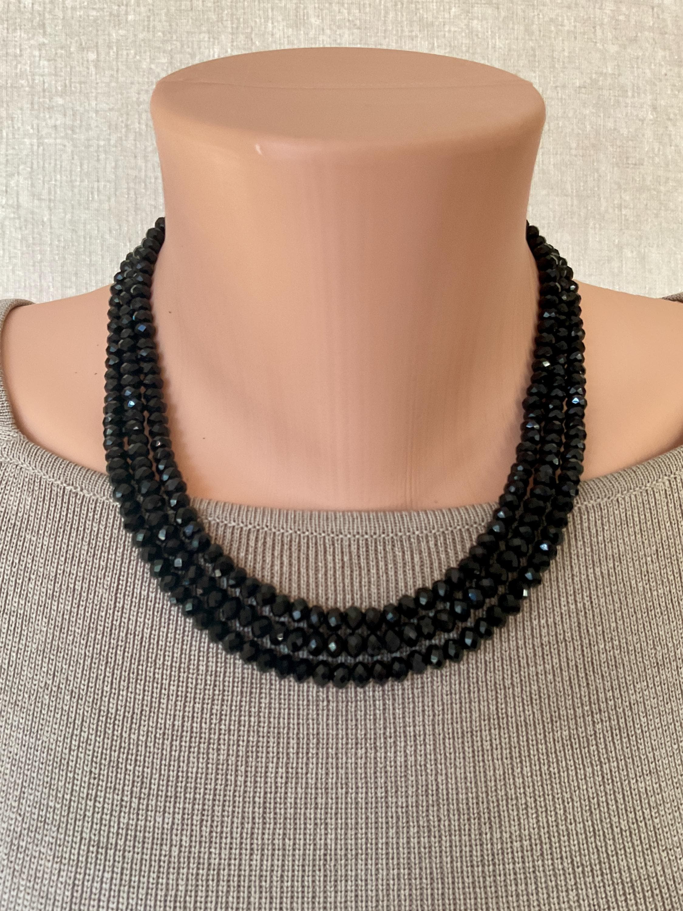 Artisan 3-Strand Necklace: Faceted Black Glass, Silver Details, Extender