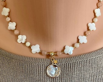 Handmade Clover Necklace: Mother of Pearl and Peach Quartz, Stars Pendant