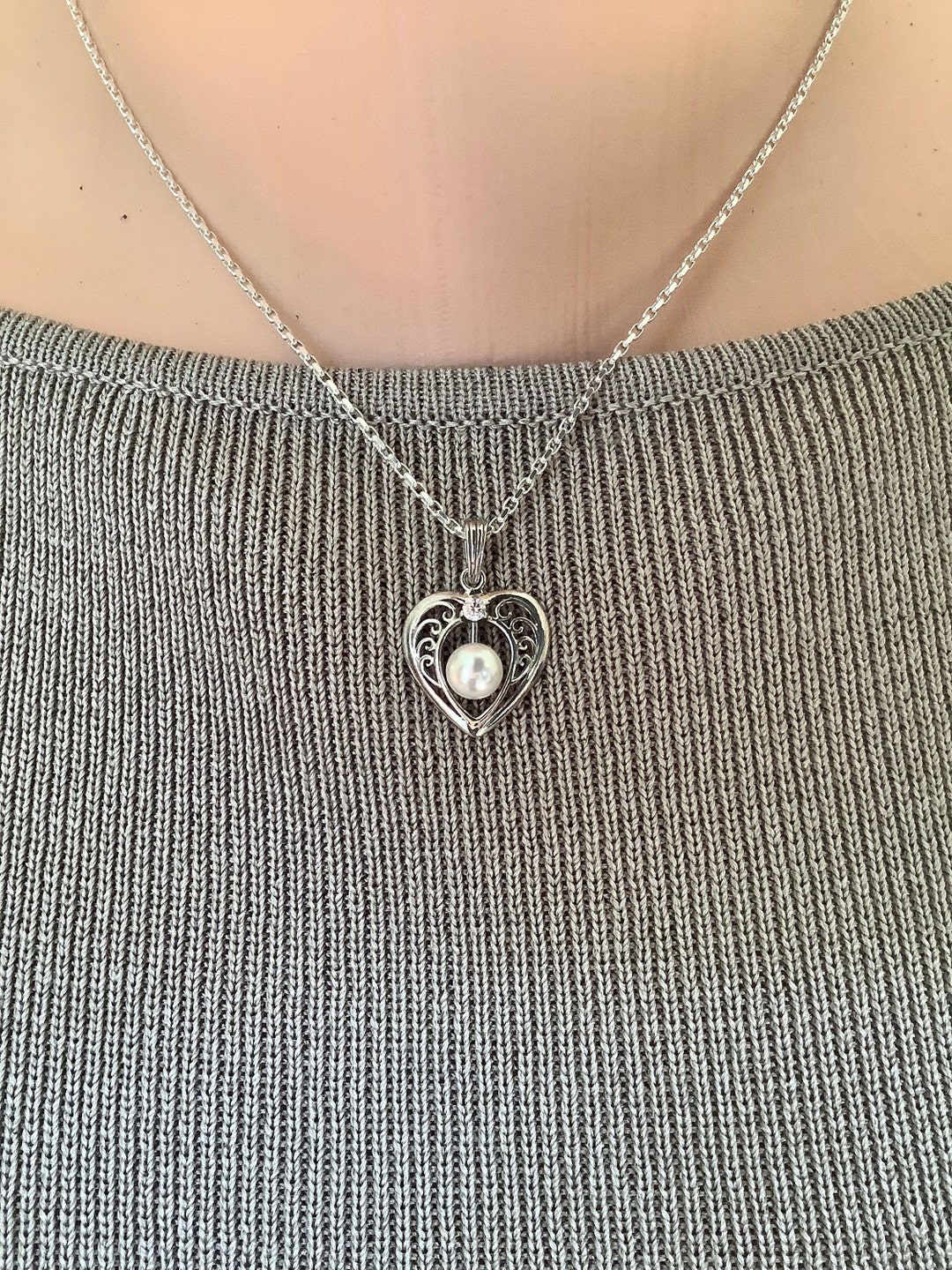 Sterling Silver Filigree Heart Necklace, Cultured Pearl Pendant