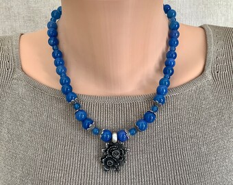 Handcrafted Blue Agate Beaded Pendant Necklace: Pewter Roses Pendant