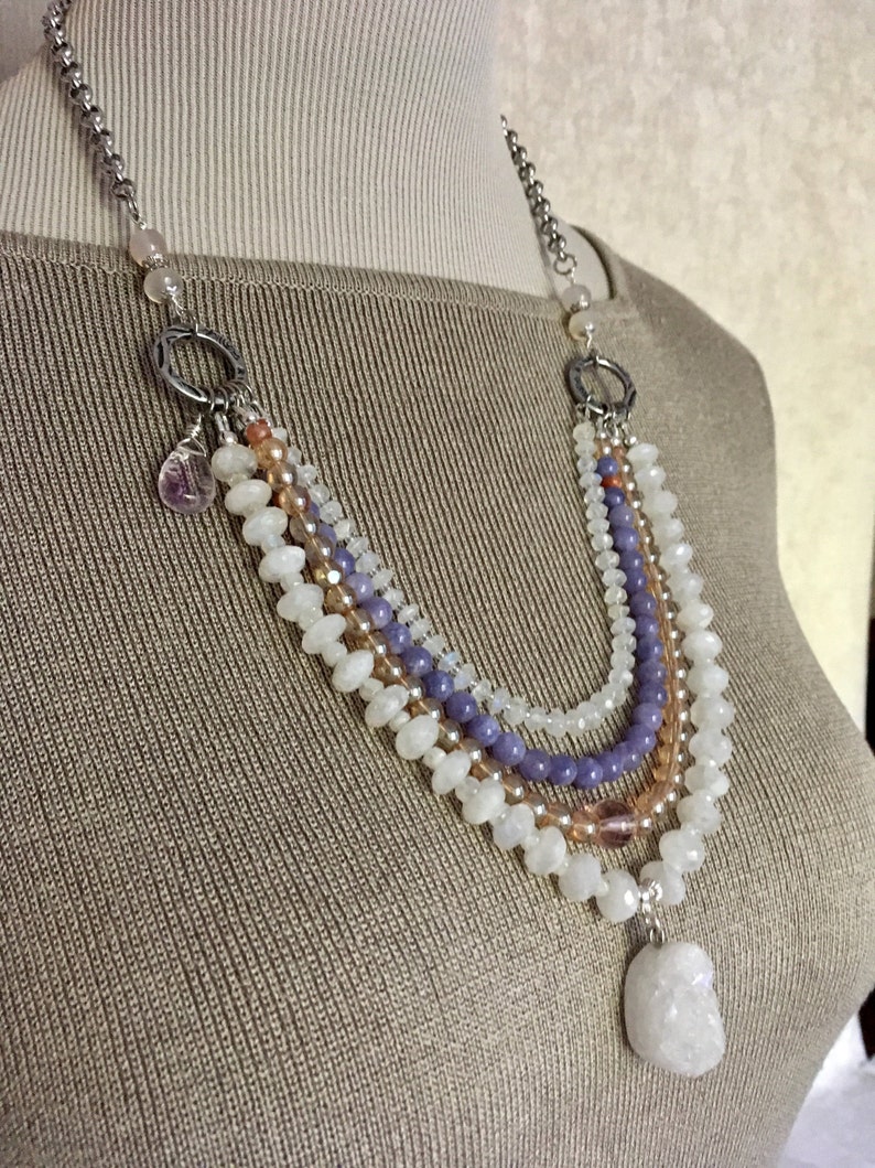 Gemstones and Glass Multi Strand Necklace with Silver Clasp and Extender Sundance Style Moonstone