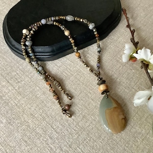 Handmade Beaded Pendant Necklace in Sundance Style- Many Gems Exclusive Design- One of a Kind-  Neutral Colors- 22 InchesGift for Her