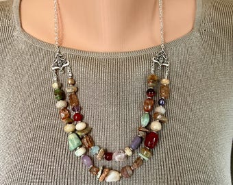 Handmade Gemstone Layered Necklace – Boho 2-Strand Statement Piece