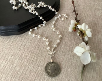 Wandering Pearls- Long Freshwater Pearl Necklace with 1928 Portuguese Escudo Money Pendant, Unique Gift