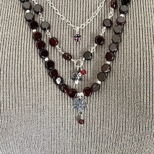 Handmade Layered Garnet Necklace: Sterling Silver Flower, Ladybug Charm