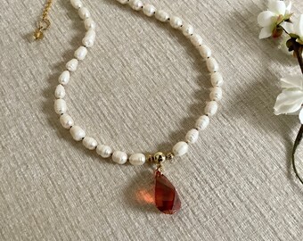 Freshwater Pearl Necklace: Red Swarovski Crystal Pendant, Gold Plated