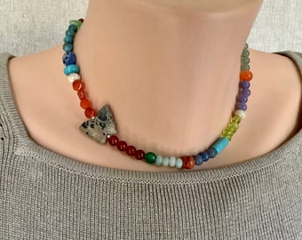 Colorful Sundance Style Choker: Mixed Gemstones and Glass Necklace with Carved Butterfly and Sterling Toggle, Sundance Style, Unique Gift