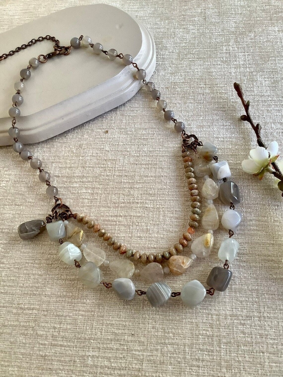 Neutral Colors Gemstone Beaded Multi Strand Necklace One of - Etsy