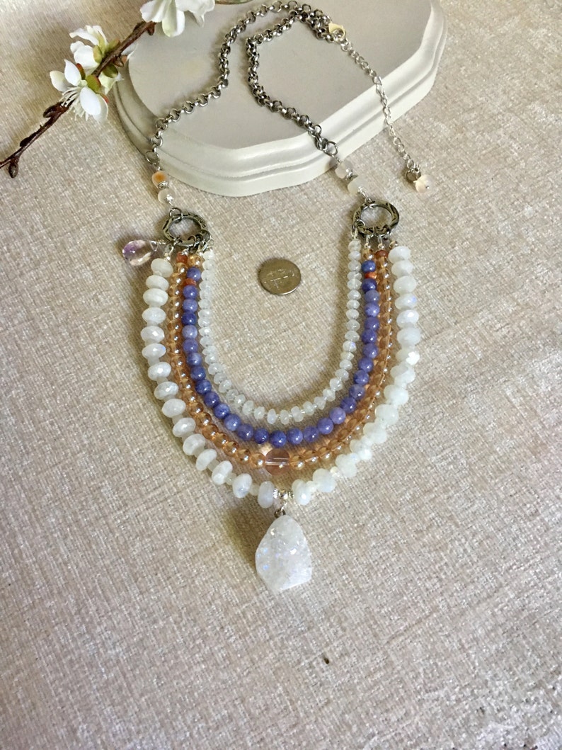 Gemstones and Glass Multi Strand Necklace with Silver Clasp and Extender Sundance Style Moonstone