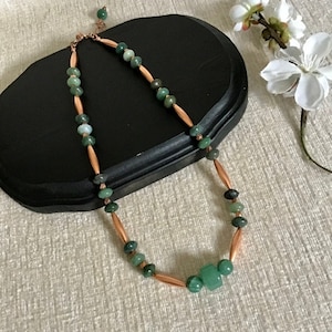 Boho Artisan Green Gemstone and Copper Necklace with Extender- Ancient Design- One of a Kind Gift