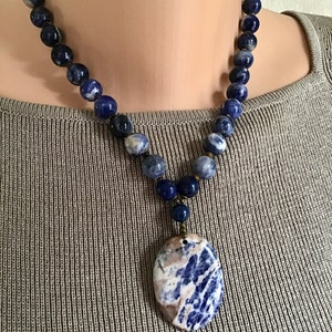 Blue Sodalite Beaded Pendant Necklace, Handmade- One of a Kind- Unique Gift for Her