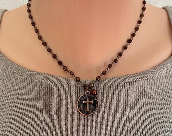 Dark Academia Handmade Rosary Necklace: Copper Cross & Pearl Pendant