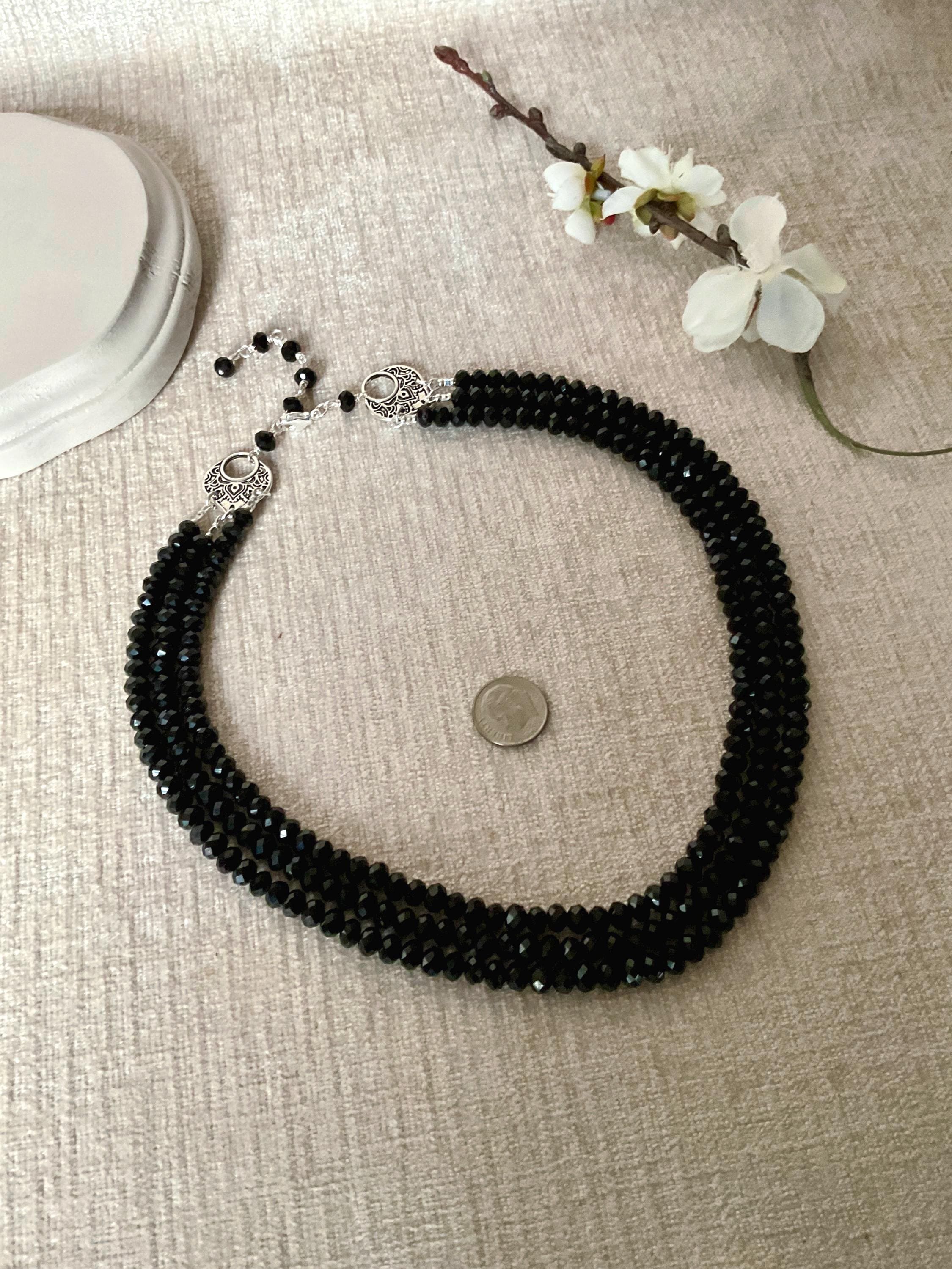 Artisan 3-Strand Necklace: Faceted Black Glass, Silver Details, Extender