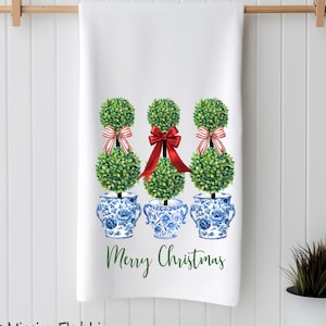 Festive Christmas Topiary Tea Towel - Holiday Kitchen Decor, Chinoiserie Planter,