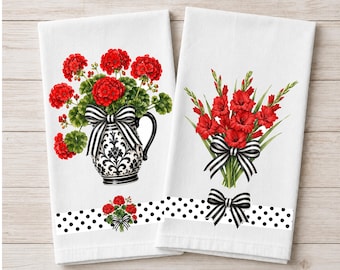 Rot und Schwarz Floral Küche Geschirrtücher, Nelken, Gladiolen, Geranien, Sommer Küche Dekor