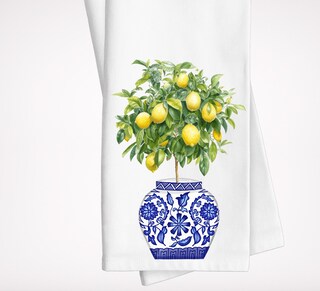 Chinoiserie Set Di 2 Strofinacci Da Cucina In Microfibra 40x61 Cm - Motivo Albero Di Limoni Vintage Blu E Bianco - Asciugamani Decorativi E Assorbenti Per Cucina, Regalo Ideale