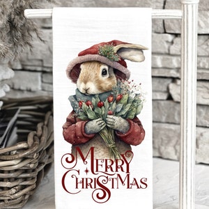 Christmas Rabbit Kitchen Towel, Bunny Merry Christmas Tea Towel, Woodland Christmas Kitchen Decor, Christmas Cottage Core, Kitchen Gift