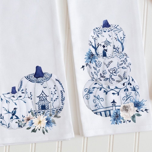 Kitchen Towel, Blue Floral Chinoiserie Tea Towel, Blue Chinoiserie Pumpkins, Chinoiserie Kitchen Decor, Blue Floral Decor, Kitchen Gift