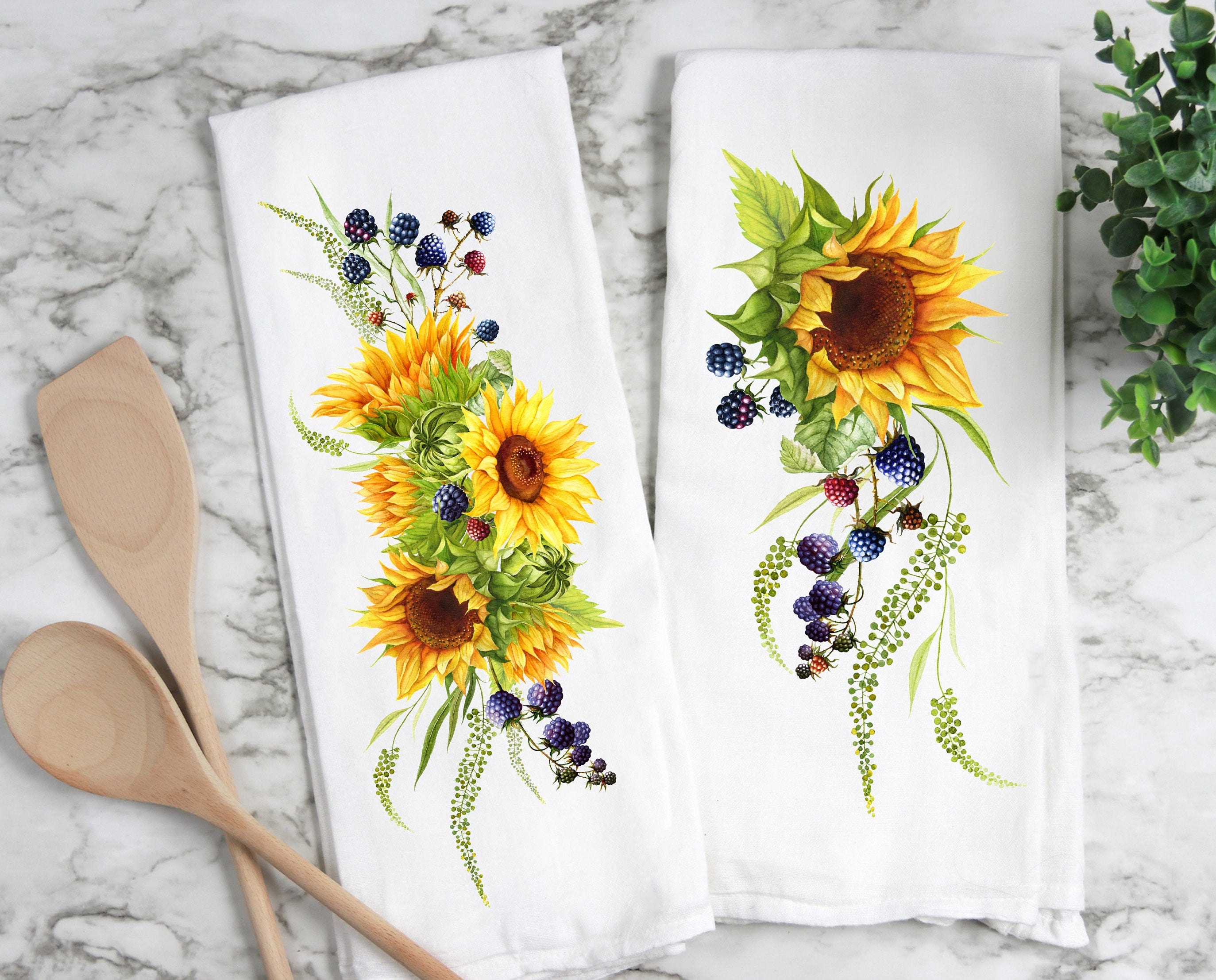 Sunflower And Berries Kitchen Tea Towel Sunflower Kitchen Etsy
