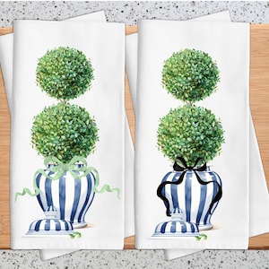 Chinoiserie Blue and White Jar and Topiary Kitchen or Bath Towel, Preppy Fun Colorful Towels for Decorating