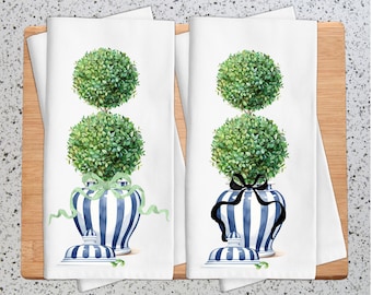 Chinoiserie Topiary Towel: Blue and White Jar, Preppy Kitchen Decor