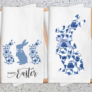 Chinoiserie Bunny Kitchen Towel, Blue and White Chinoiserie Rabbits Tea Towel, Chinoiserie Easter Decor, Happy Easter Rabbits