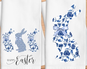 Chinoiserie Bunny Kitchen Towel, Blue and White Chinoiserie Rabbits Tea Towel, Chinoiserie Easter Decor, Happy Easter Rabbits
