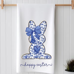 Chinoiserie Easter Bunny Kitchen Towel: Blue and White Toile Cotton
