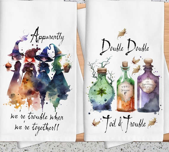 Halloween Cotton Dish Towels: Witches & Potions Kitchen Decor