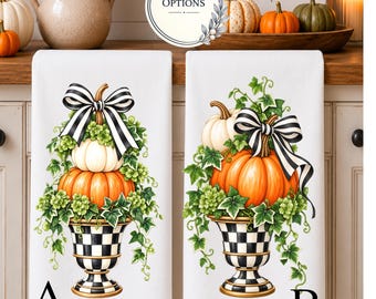 Fall Pumpkin Kitchen Towel, Black and White Checkered Urn, Thanksgiving Decor