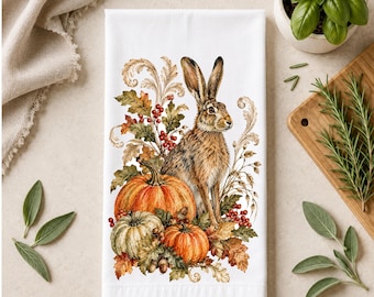 Vintage Naturalist Kitchen Towel | Botanical Rabbit and Pumpkins  Tea Towel | Cottage Country Decor | Farmhouse Kitchen Gift | Fall Decor