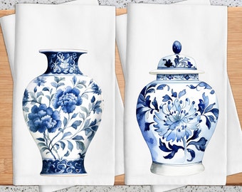 Chinoiserie Kitchen Towel, Blue and White Chinoiserie Ginger Jar Tea Towel, Chinoiserie Vase Decor,