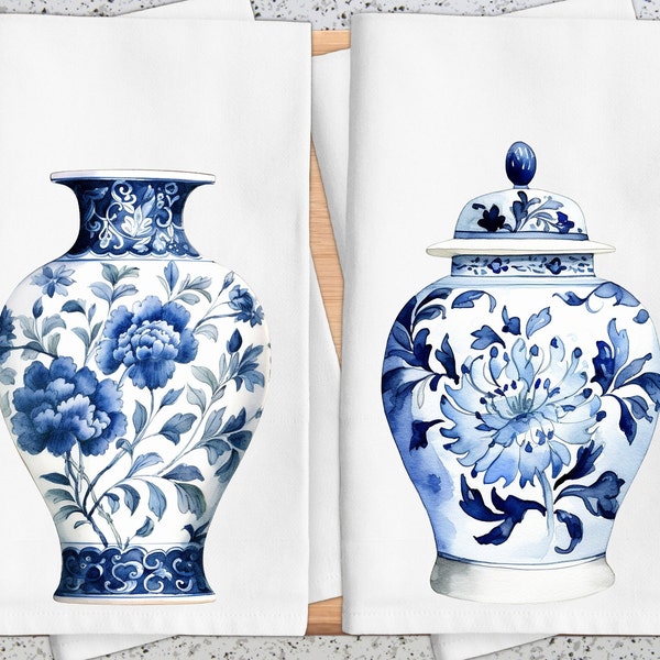 Chinoiserie Kitchen Towel, Blue and White Chinoiserie Ginger Jar Tea Towel, Chinoiserie Vase Decor,